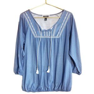 Karen Brooks Shirt Womens Large 3/4 Sleeve Country Blue Embroidered Top 1X